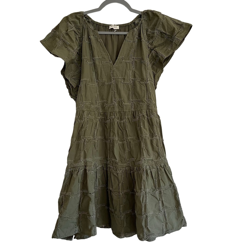 Storia Mini Dress Medium Olive Green Excellent Smocked Flutter Sleeve Tiered